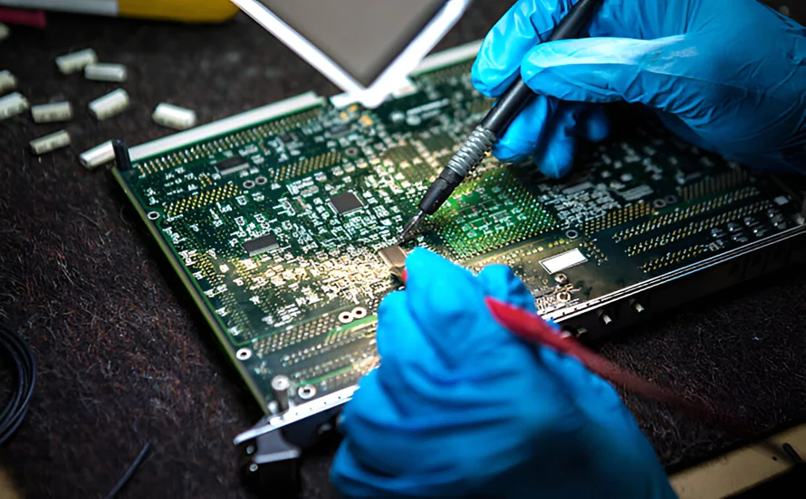 Technician repairs circuit board with soldering iron and gloved hands